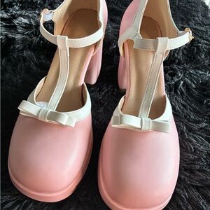 Women’s Pink T-Strap Block Heel Shoes with Cream Bow Accent